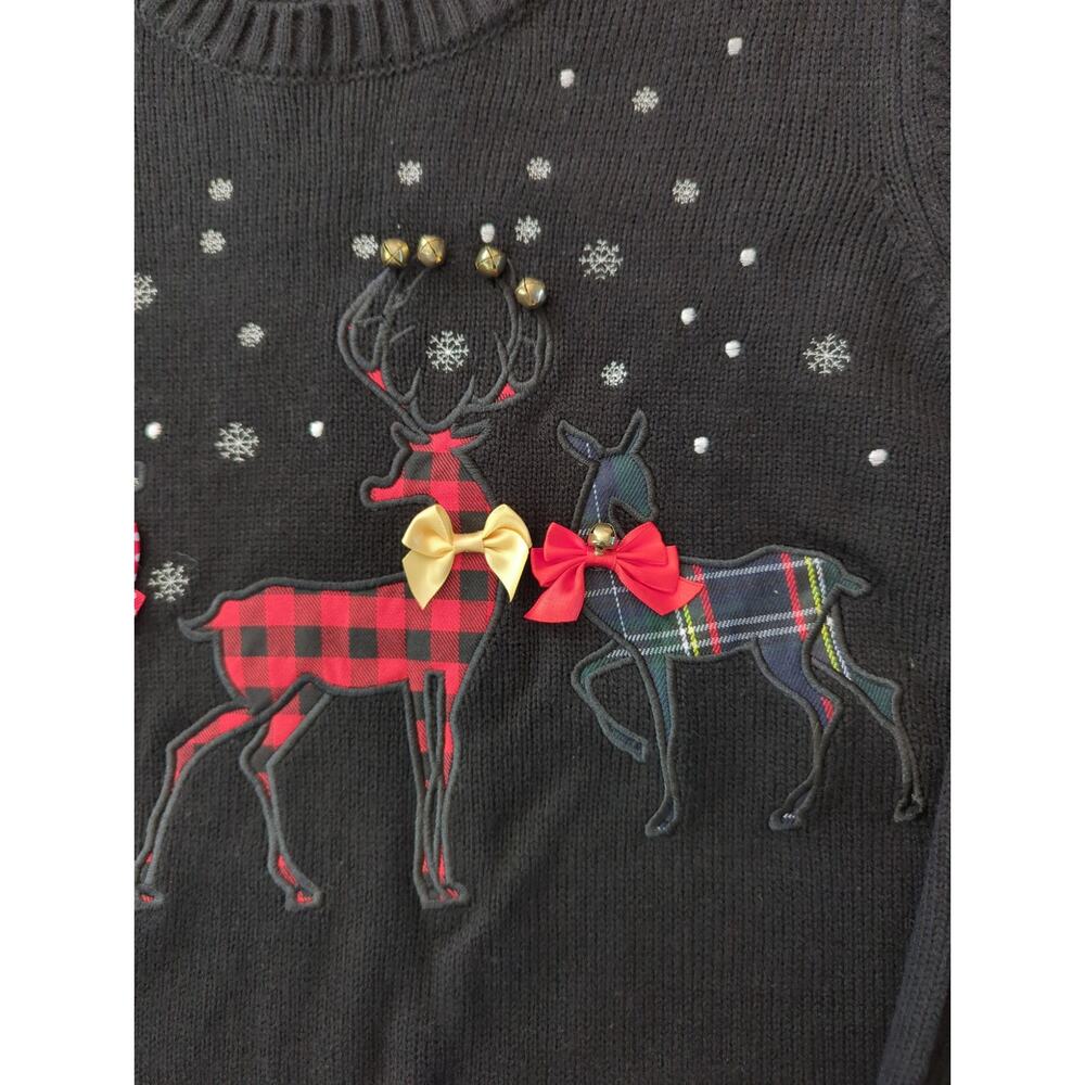 KAREN SCOTT Black Red White Gold Embroidered Reindeer Christmas Sweater Size L - Picture 5 of 7
